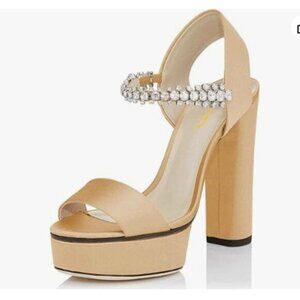 XYD Women Open Toe Strappy Platform Sandals Rhinestone Slingback High Chunky Tan